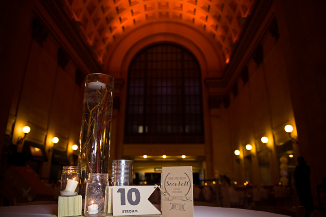 Table decorations, event sponsors of 2015 Snowball Fundraiser at the Union Station